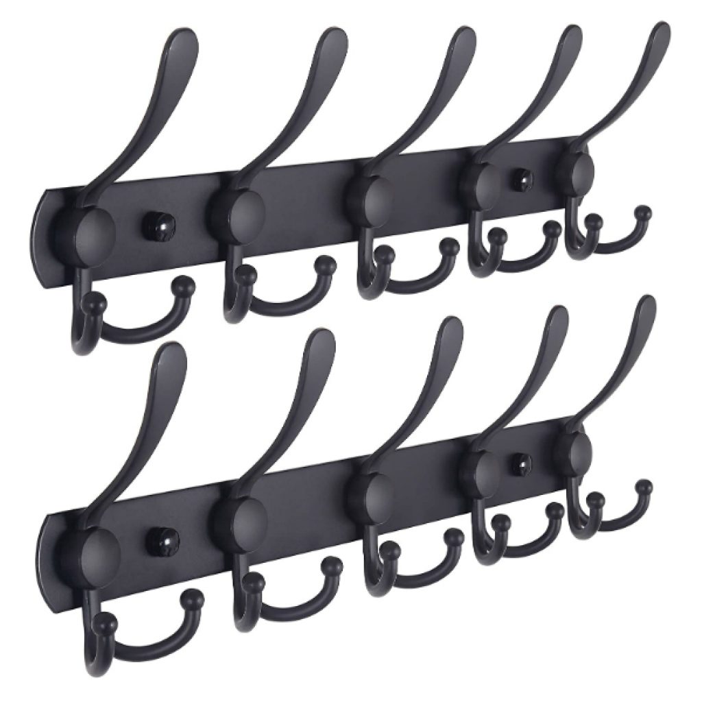 Dseap-Coat-Rack-Wall-Mounted-5-Tri-Hooks-Heavy-Duty-Stainless-Steel-Metal-Coat-Hook-Rail-for-Coat-Hat-Towel-Purse-Robes-Mudroom-Bathroom-Entryway-Black-2-Packs