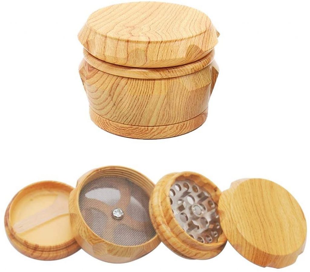 Wooden Herb Grinder, Classic Yellow Wood Herb Grinder, 1.6 inch 4 Piece Herb Spice Grinders with Pollen Catcher